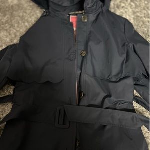 Kate Spade Trench Coat Water Resistant Scalloped Belted Hooded navy blue.